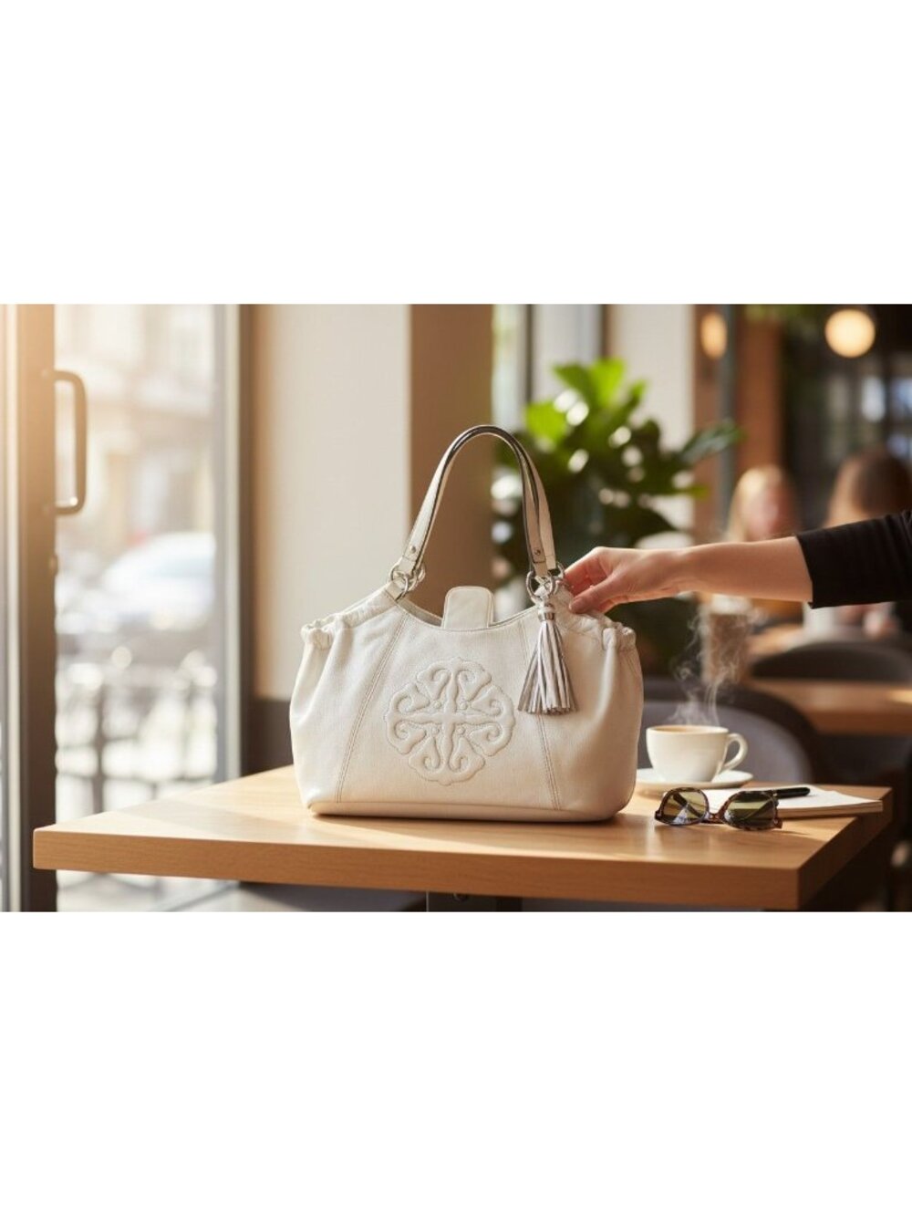 Solina White Faux Leather Shoulder Bag with Embroidered Detail & Tassel Accent -